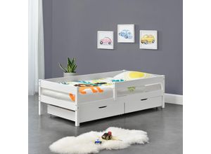 4059438146688 - [encasa] - Kinderbett Borgarnes 90x200 cm mit Rausfallschutz und Schubladen Weiß Weiß