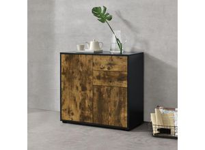 4059438581809 - [encasa] - Sideboard Paarl 74x79x36 cm mit 2 Schubladen und 2 Schranktüren Schwarz Eiche dunkel encasa - Dunkelbraun