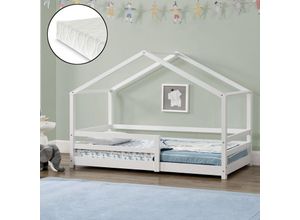 4059438591570 - [encasa] - Kinderbett Knätten 90x200 cm mit Rausfallschutz + Lattenrost + Kaltschaummatratze Weiß Weiß