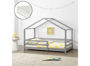 4059438591587 - [encasa] - Kinderbett Knätten 90x200 cm mit Rausfallschutz + Lattenrost + Kaltschaummatratze Hellgrau Grau