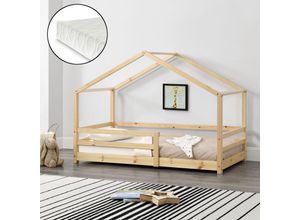 4059438591594 - [encasa] - Kinderbett Knätten 90x200 cm mit Rausfallschutz + Lattenrost + Kaltschaummatratze Natur Hellbraun