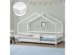 4059438591648 - [encasa] - Kinderbett Knätten 70x140 cm mit Rausfallschutz + Lattenrost + Kaltschaummatratze Weiß Weiß