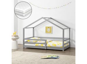 4059438591655 - [encasa] - Kinderbett Knätten 70x140 cm mit Rausfallschutz + Lattenrost + Kaltschaummatratze Hellgrau Grau