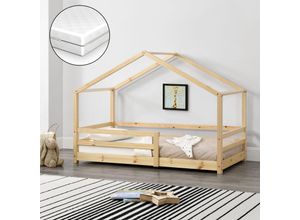 4059438591716 - [encasa] - Kinderbett Knätten 80x160 cm mit Rausfallschutz + Lattenrost + Kaltschaummatratze Natur Hellbraun