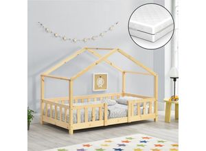 4059438598807 - Kinderbett Treviolo 70x140 cm mit Kaltschaummatratze und Gitter Holz Natur [encasa] - Kiefer