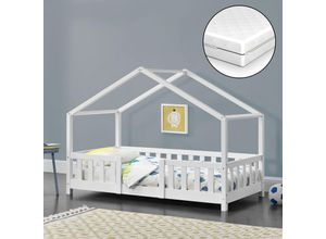 4059438598814 - [encasa] - Kinderbett Treviolo 70x140 cm mit Kaltschaummatratze und Gitter Weiß Weiß