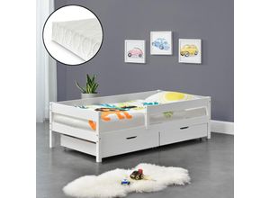 4059438599019 - [encasa] - Kinderbett Borgarnes 90x200 cm mit Kaltschaummatratze und Schutzgitter Weiß Weiß