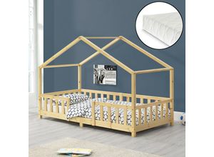 4059438599088 - [encasa] - Kinderbett Treviolo 90x200 cm mit Kaltschaummatratze und Gitter Holz Natur Kiefer