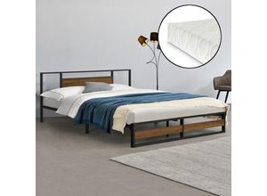 4059438601637 - [encasa] - Metallbett Villach 180x200 cm mit Kaltschaummatratze Schwarz Walnuss-Optik encasa