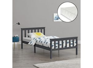 4059438605802 - [encasa] - Holzbett Breda 90x200 cm mit Kaltschaummatratze hohes Kopfteil Dunkelgrau encasa - Dunkelgrau