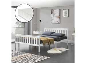 4059438605888 - [encasa] - Holzbett Breda 140x200 cm mit Kaltschaummatratze Weiß encasa - Weiß