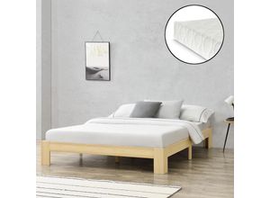 4059438610509 - [encasa] - Holzbett Raisio 140x200 cm mit Kaltschaummatratze Holz Natur encasa - Hellbraun