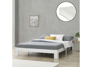 4059438610516 - [encasa] - Holzbett Raisio 140x200 cm mit Kaltschaummatratze Weiß encasa - Weiß