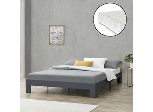 4059438610523 - [encasa] - Holzbett Raisio 140x200 cm mit Kaltschaummatratze Dunkelgrau encasa - Dunkelgrau