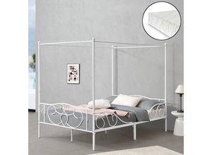 4059438617911 - [encasa] - Himmelbett Finström Metallbett mit Kaltschaummatratze 140x200cm Weiß encasa - Weiß