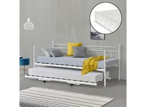 4059438676109 - [encasa] - Metall Tagesbett Skutskär mit Matratze 90x200cm Weiß encasa - Weiß