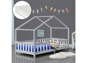 4059438676864 - [encasa] - Kinderbett Treviolo 90x200 cm mit Kaltschaummatratze und Gitter Hellgrau Weiß Hellgrau