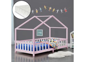 4059438676871 - [encasa] - Kinderbett Treviolo 90x200 cm mit Kaltschaummatratze und Gitter Rosa Weiß Rosa