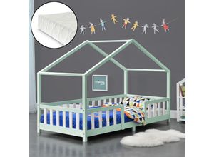 4059438676888 - [encasa] - Kinderbett Treviolo 90x200 cm mit Kaltschaummatratze und Gitter Mint Weiß Mint