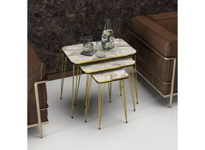 4059438812880 - [encasa] - Satztisch Rudkøbing 3er Set weiße Marmoroptik   Gold Beige