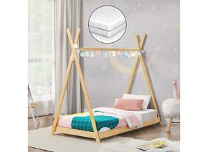 4059438860201 - [encasa] - Kinderbett Vimpeli mit Matratze 70x140 cm Bambus Bambus