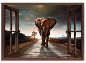 4059745627672 - Wandbild ARTLAND Elefant auf Straße Bilder Gr B H 100 cm x 70 cm Leinwandbild Fensterblick Querformat 1 St braun Bild Poster Bilder als Leinwandbild Wandaufkleber oder in versch Größen