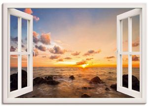 4059745735247 - Wandbild ARTLAND Fensterblick Sonnenuntergang am Meer Bilder Gr B H 100 cm x 70 cm Leinwandbild Fensterblick 1 St weiß Bild Metallbild Metallbilder Bilder als Alubild Leinwandbild Wandaufkleber oder Poster in versch Größen