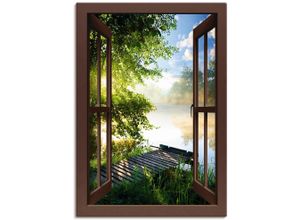 4059745735735 - Wandbild ARTLAND Fensterblick Angelsteg am Fluss Bilder Gr B H 70 cm x 100 cm Leinwandbild Fensterblick 1 St braun Bild Metallbild Metallbilder Bilder als Alubild Leinwandbild Wandaufkleber oder Poster in versch Größen