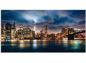 4059745773072 - Wandbild ARTLAND Sonnenaufgang über Manhattan Bilder Gr B H 100 cm x 50 cm Alu-Dibond-Druck Amerika 1 St blau Bild Poster Bilder als Alubild Leinwandbild Wandaufkleber oder in versch Größen