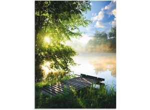 4059745780681 - Wandbild ARTLAND Angelsteg am Morgen Bilder Gr B H 90 cm x 120 cm Alu-Dibond-Druck Gewässer 1 St grün Bild Metallbild Metallbilder Bilder als Alubild Leinwandbild Wandaufkleber oder Poster in versch Größen