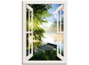 4059745785167 - Wandbild ARTLAND Fensterblick Angelsteg am Fluss Bilder Gr B H 70 cm x 100 cm Leinwandbild Fensterblick 1 St weiß Kunstdrucke als Alubild Leinwandbild Wandaufkleber oder Poster in versch Größen