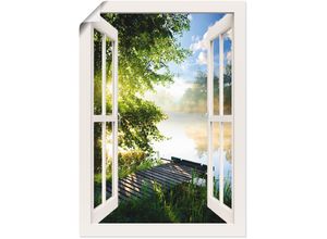 4059745785174 - Wandbild ARTLAND Fensterblick Angelsteg am Fluss Bilder Gr B H 50 cm x 70 cm Poster Fensterblick 1 St weiß Kunstdrucke als Alubild Leinwandbild Wandaufkleber oder Poster in versch Größen