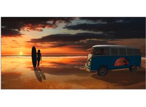 4059745789127 - Wandbild ARTLAND Surfen in Kalifornien mit Bulli T1 Bilder Gr B H 100 cm x 50 cm Alu-Dibond-Druck Küste 1 St orange Bild Kunstdruck Metallbild Metallbilder Bilder als Alubild Leinwandbild Wandaufkleber oder Poster in versch Größen