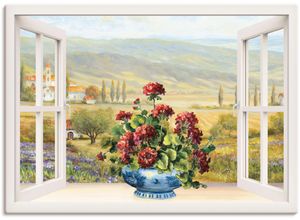 4059745795623 - Leinwandbild ARTLAND Blumenbouquet am weißen Fenster Bilder Gr B H 100 cm x 70 cm Leinwandbild Fensterblick Querformat 1 St weiß Leinwandbilder auf Keilrahmen gespannt