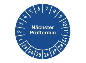 4060081045365 - Moedel Prüfplakette Nächster Prüftermin 2023–28 ø 20 mm selbstklebende Folie 10 x 10 Stück Bogen blau