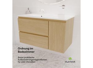 4060656526619 - Feldt 90 cm Waschbeckenunterschrank mit Keramikwaschbecken - Badezimmerschrank in Ulmen-Optik Moderner Schrank mit Waschtisch fur stilvolle