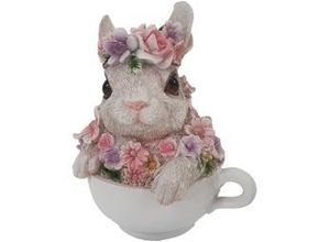 4060898133651 - Dekofigur Hase mit Blumen in Tasse 15 x 12 x 10 cm weiß rosa