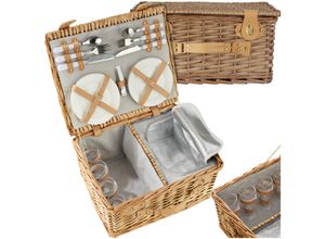 4061173260987 - tectake® komplettes Picknickkorb-Set Terschelling - Luxuriöses 21-teiliges Picknick-Set für 2 Personen - Picknickkorb aus Weidengeflecht - Inklusive Kühlbox Set mit Tellern Weingläsern aus Kunststoff und Besteck aus Edelstahl