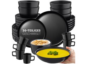 4061173261328 - tectake® Geschirrset Una - 30-teilig - Steingut 6 Personen - Stilvoll langlebig und ideal für den täglichen Gebrauch oder festliche Anlässe - Große und kleine Teller Schüsseln Teller - mattschwarz