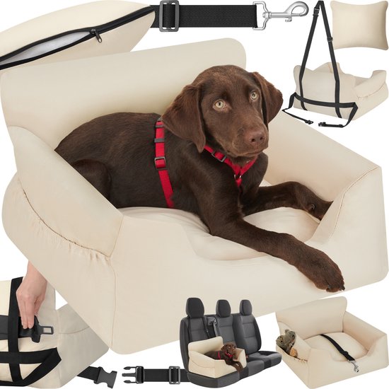4061173267030 - tectake® Hundeautositz Milow - Gepolstert mit Sicherheitsleine - Hundesitz fürs Auto - Hundekorb - Bequemer und sicherer Autositz für Hunde - div Farben - 55x50x29cm - Beige