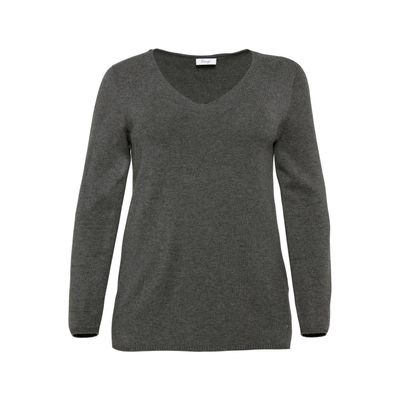 4061303894099 - Große Größen Pullover mit V-Ausschnitt und sheego-Applikation grau meliert Gr52 54