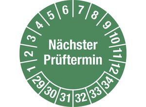 4061466114331 - Nächster Prüftermin Mehrjahreszahlen Dokumentenfolie für ölhaltige Untergründe Ø 30 mm VE 10 Stk 29 - 34 grün