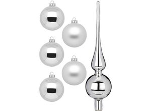 4061752180309 - Weihnachtsbaumkugel MAGIC BY INGE Frosty Silver Weihnachtsdeko Christbaumschmuck Weihnachtsbaumkugeln bunt (silberfarben weiß) Weihnachtskugeln Christbaumkugeln aus Glas 45 Kugeln Ø ca 4-6 cm inkl Spitze 28 cm