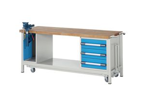 4061753038005 - eurokraft pro Fahr- und absenkbare Werkbank Gestellbauweise Serie 8 3 Schubladen Klapplift-Schraubstock BxT 2000 x 700 mm