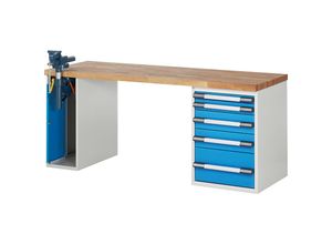 4061753257284 - eurokraft pro Werkbank Baukastensystem Serie 7000 5 Schubladen 1 Schraubstock linksseitig BxT 2000 x 700 mm