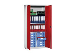 4061753277756 - eurokraft pro Material- und Schubladenschrank 3 Fachböden 12 Schubladen lichtgrau RAL 7035   verkehrsrot RAL 3020