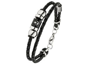 4061861122795 - Lederarmband JOBO Anker Armbänder Gr Edelstahl-Leder silberfarben (edelstahlfarben) Damen 2-reihig geflochten Leder mit Edelstahl 21 cm