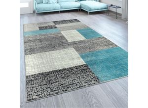 4061981005923 - Wohnzimmer Teppich Modern Kurzflor Karo Design Used Look Türkis Grau Weiß 80x150 cm - Paco Home