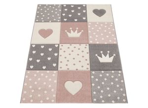 4061981032103 - Paco Home Kinderteppich Pastellfarben Kariert Punkte Herzen Sterne Weiß Grau Rosa 120x170 cm