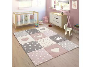 4061981032110 - Kinderteppich Pastellfarben Kariert Punkte Herzen Sterne Weiß Grau Rosa 160x230 cm - Paco Home